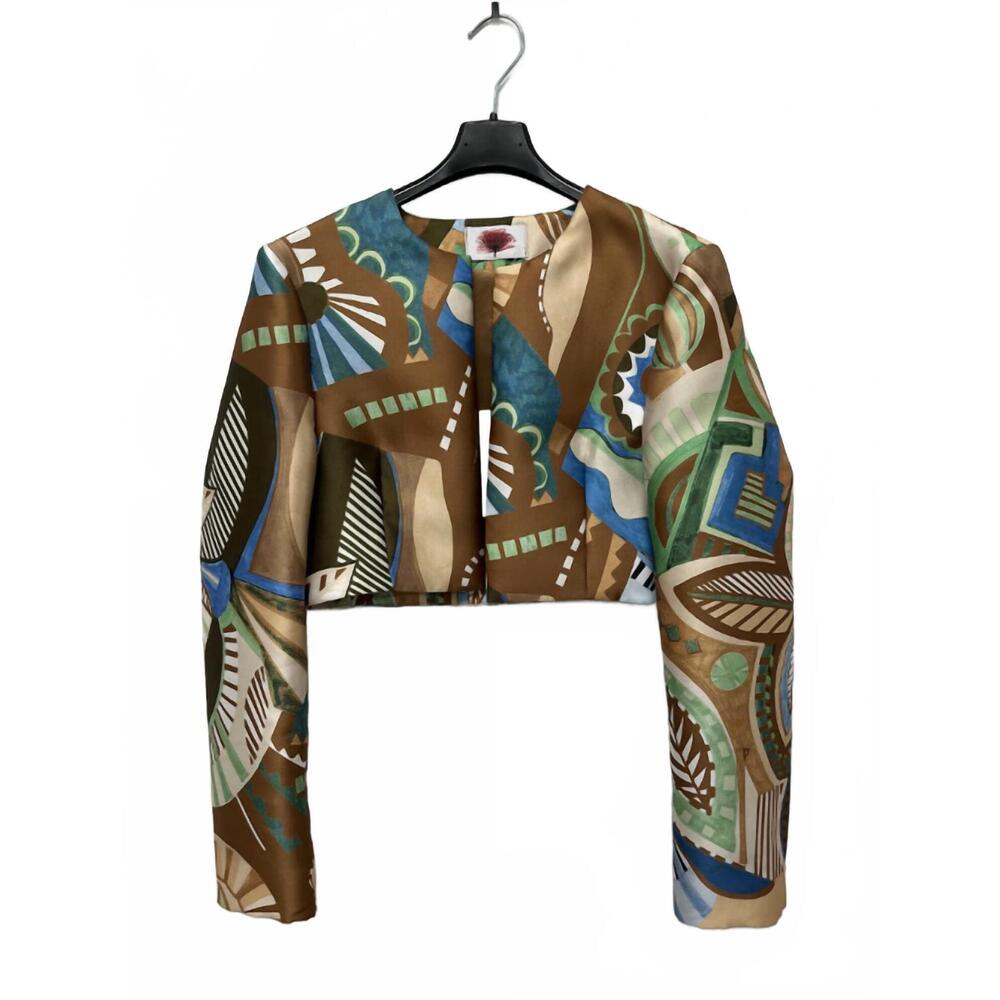 NEW LABORATORIO CAPRI women's polyester statement bolero in green & brown multic